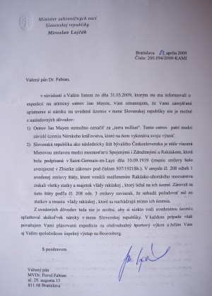 List ministra zahraničných vecí SR Miroslava Lajčáka, v ktorom vysvetľuje dôvody, na základe ktorých sa domnieva, že Slovensko si nemôže uplatňovať nároky na ostrov.